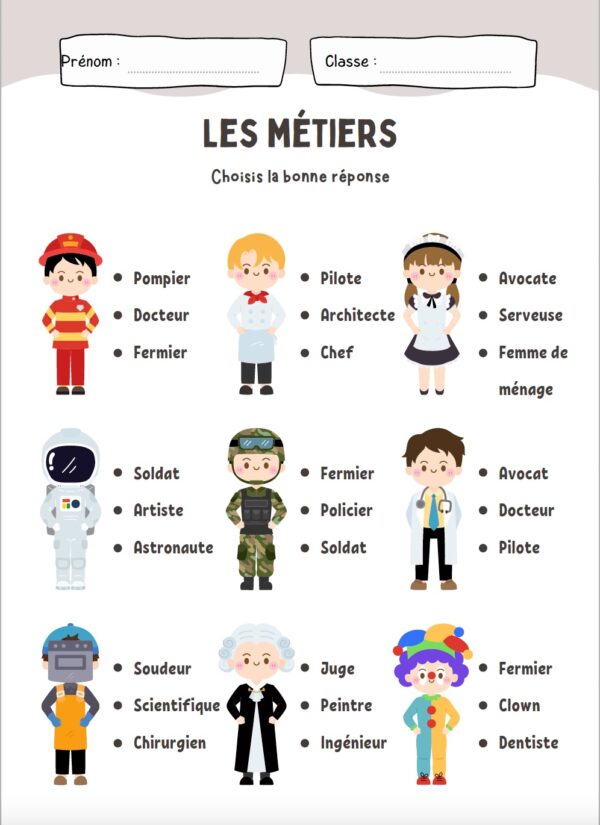 French Jobs Worksheets
